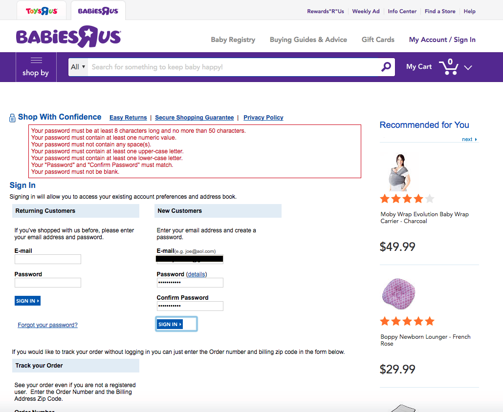 Screenshot of babiesrus.com account login page