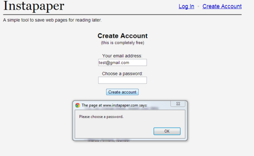 Screenshot of Instapaper sign in with error