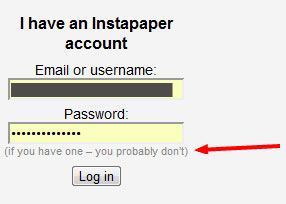 Screenshot of Instapaper sign in form