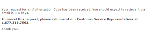 Register.com message that says an auth code will be sent in 3-4 days
