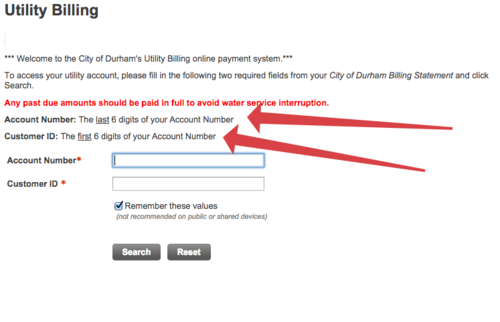 Screenshot of City of Durham utility billing website
