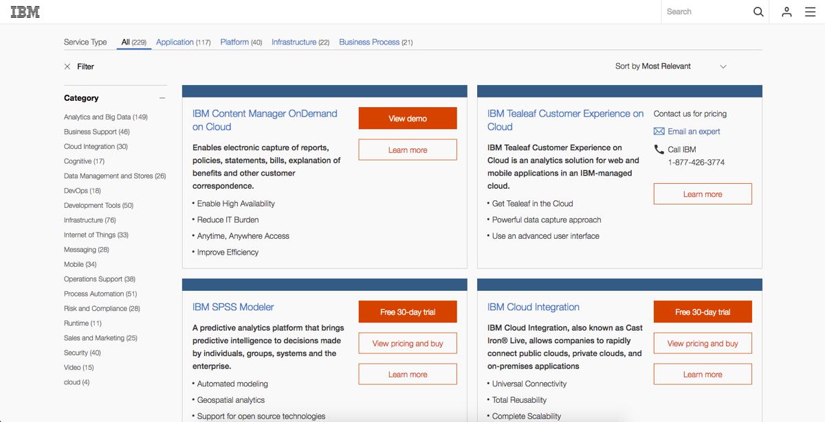 Screenshot of IBM Digital Marketplace search home page with filter sidebar showing