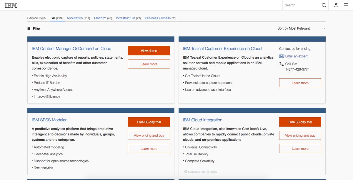 Screenshot of IBM Digital Marketplace search home page