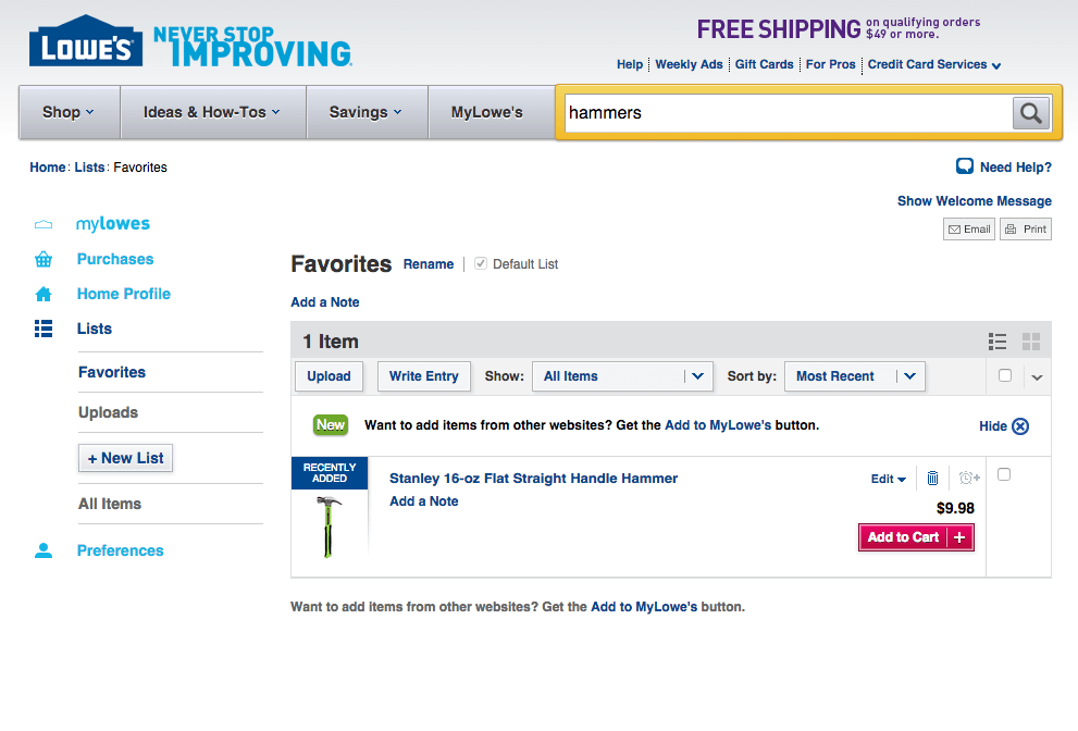 Screenshot of Lowes.com My Lists page